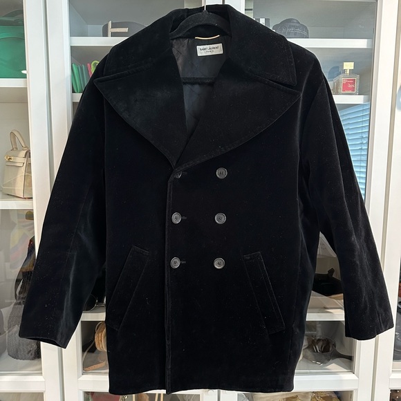 SAINT LAURENT Oversized Velvet Coat Crystal Logo - Picture 6 of 16